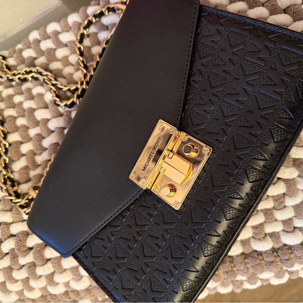 Michael Kors Black and Gold Embossed Crossbody Bag